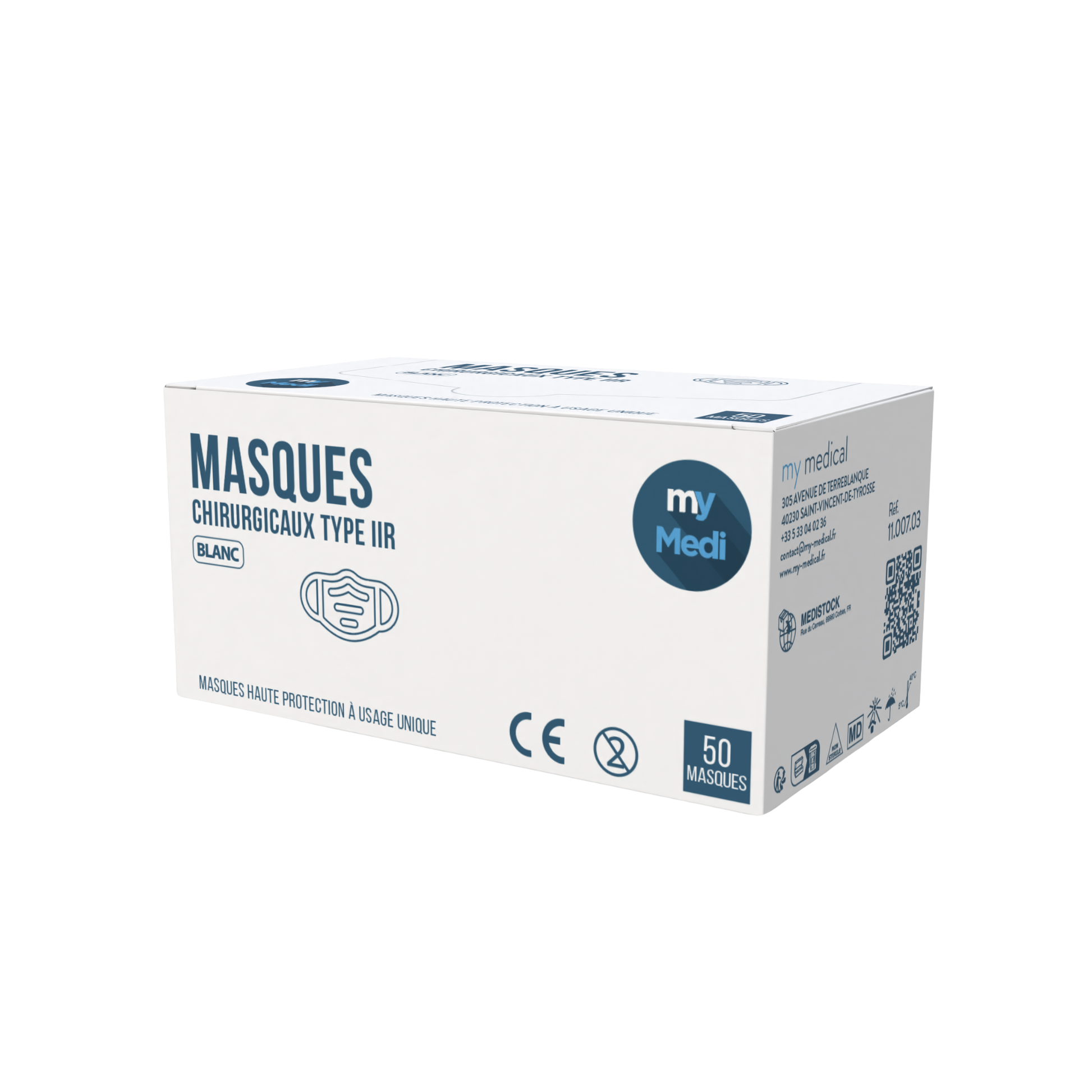 Masque chirurgical - 3 plis de type IIR - Norme EN14683 - Certification CE - Boîte de 50 masques - 3 coloris - My Médical - My Médical