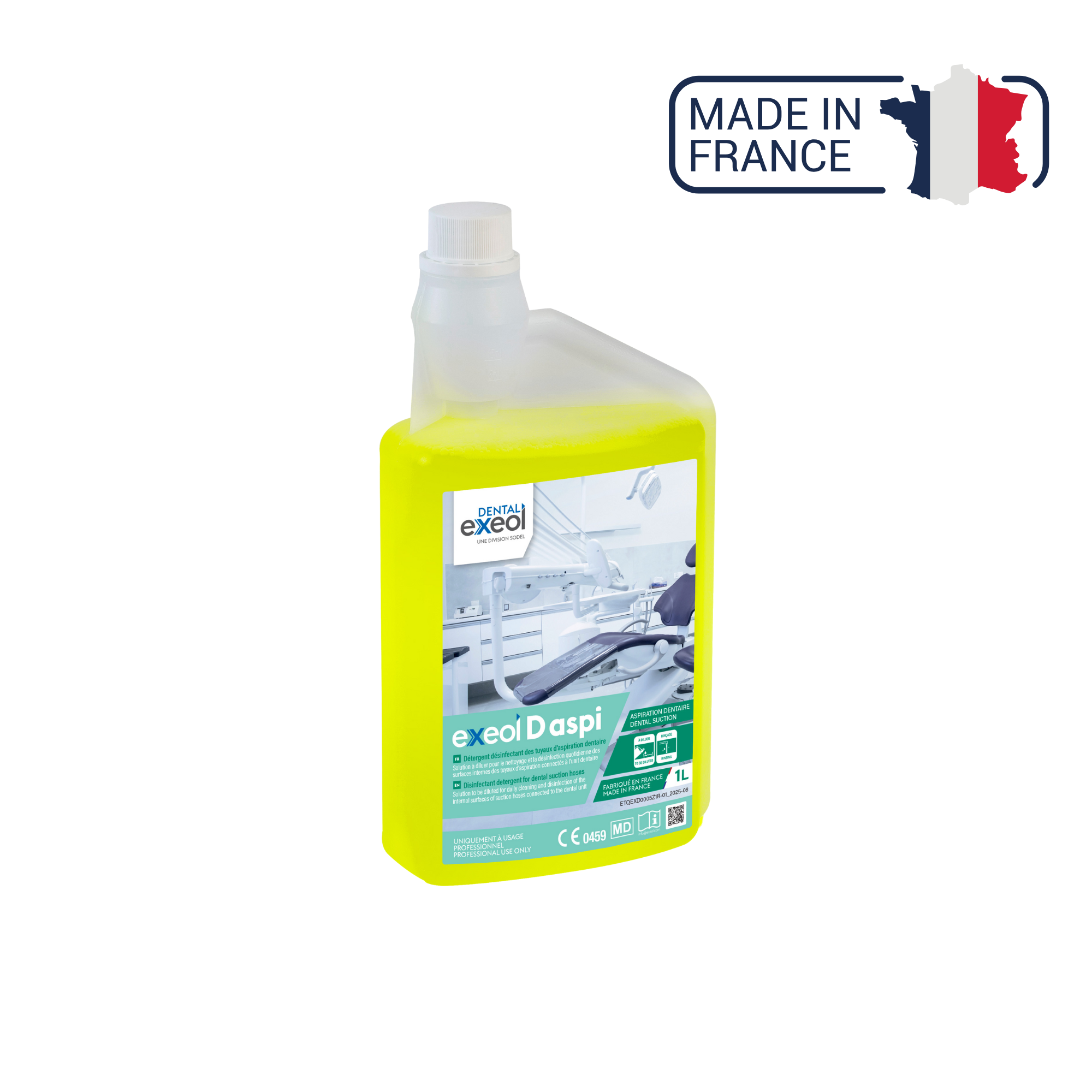 Exeol D aspi - Détergent désinfectant des tuyaux d'aspiration dentaire - 1L et 5L - Sodel - My Médical