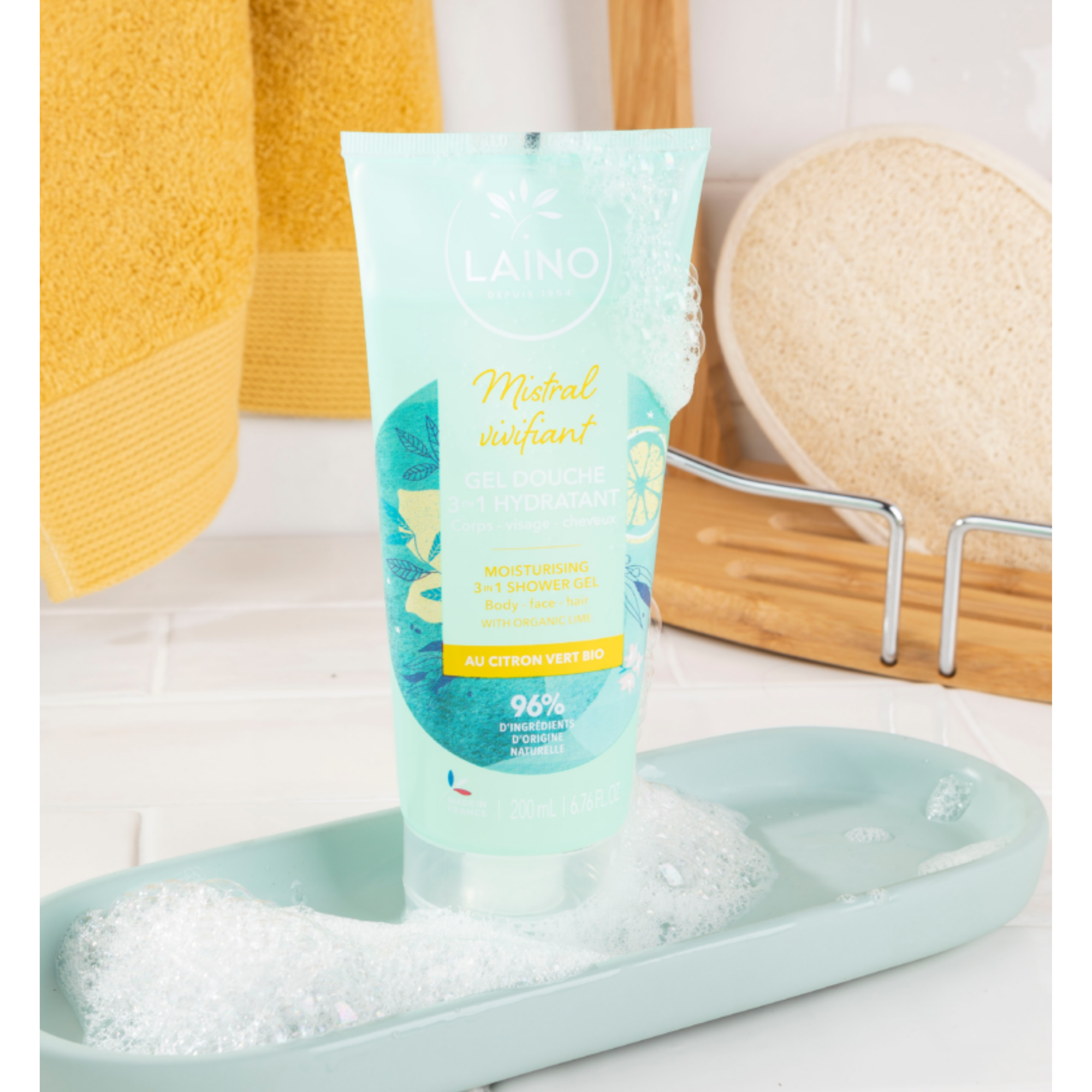 Gel Douche Hydratant - Citron Vert Bio - 3 en 1 - 200ml - Laino