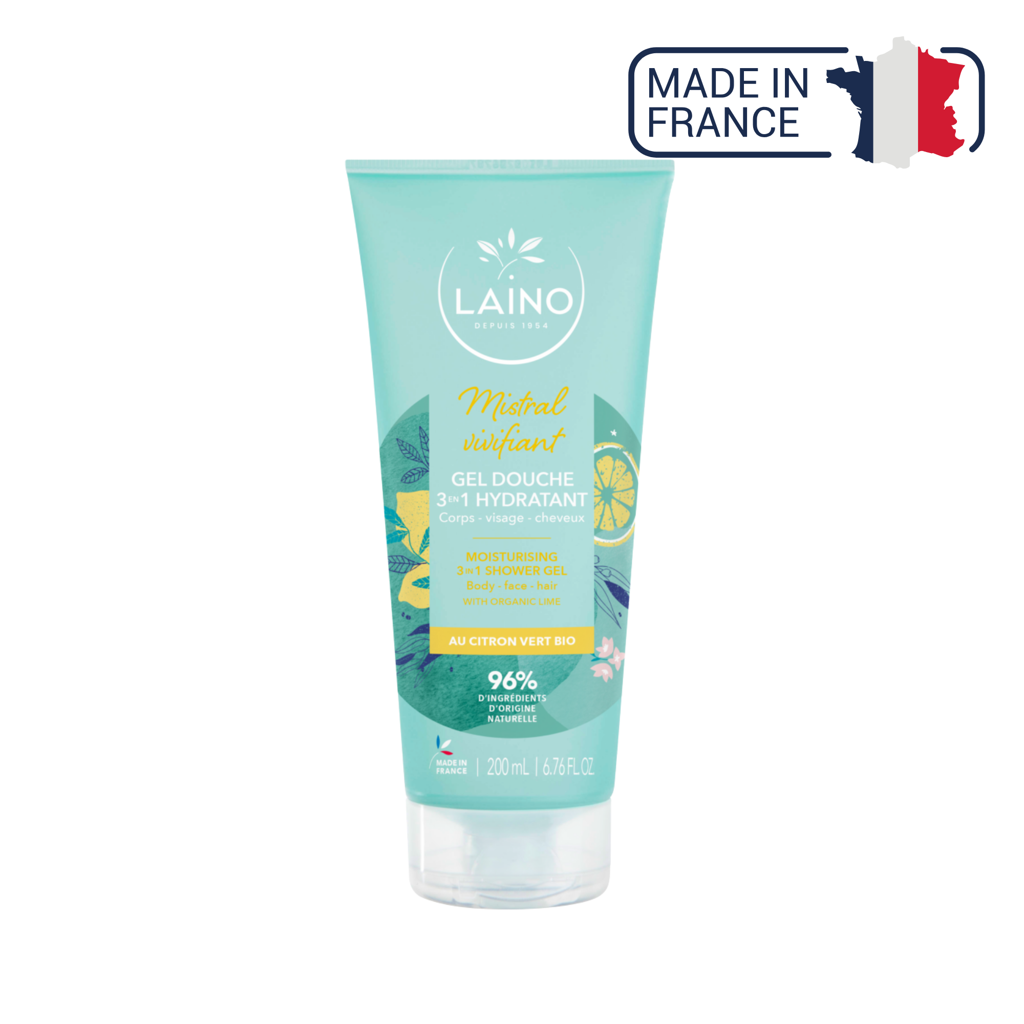 Gel Douche Hydratant - Citron Vert Bio - 3 en 1 - 200ml - Laino