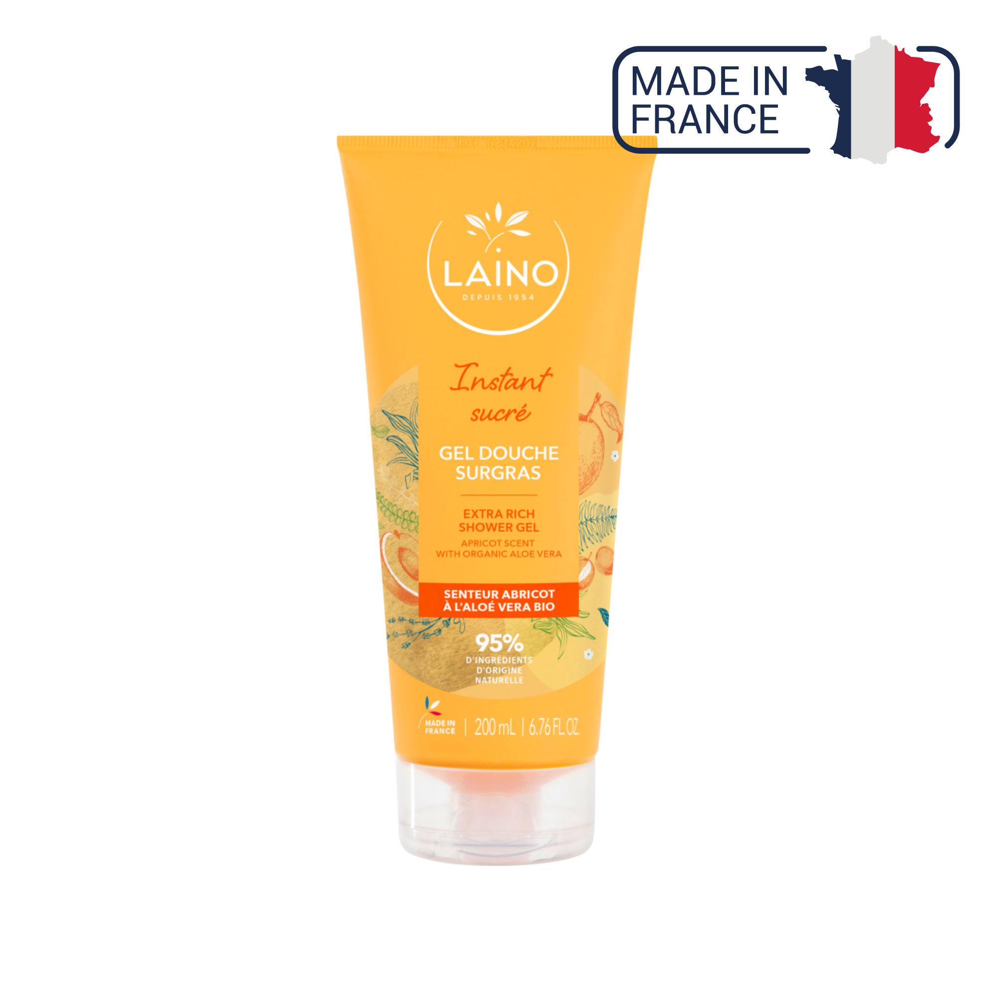 Gel Douche Surgras - Aloe Vera Bio - Senteur Abricot - 200ml - Laino